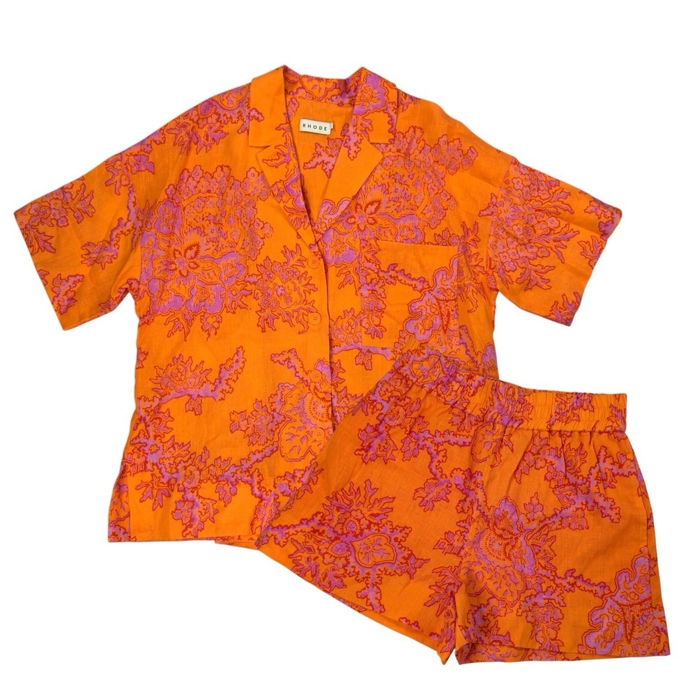 Rhode Kamala Linen Set Womens Size M Floral‎ Camp Collar Shirt Shorts Outfit